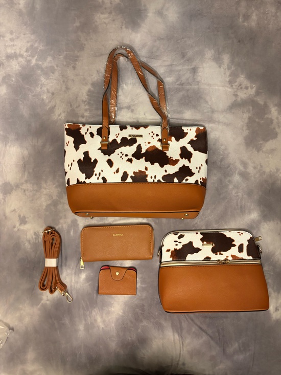 Handbags - Cow-Print Tote Bag with Tan Trim - Women Bags 5 piece set